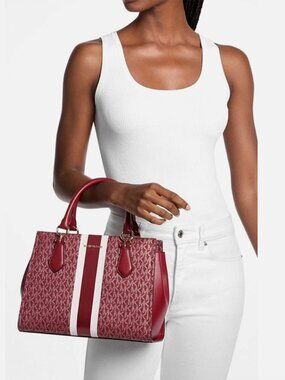 New Michael Kors Marilyn Medium Signature Logo Stripe Satchel Bag Cherry Multi